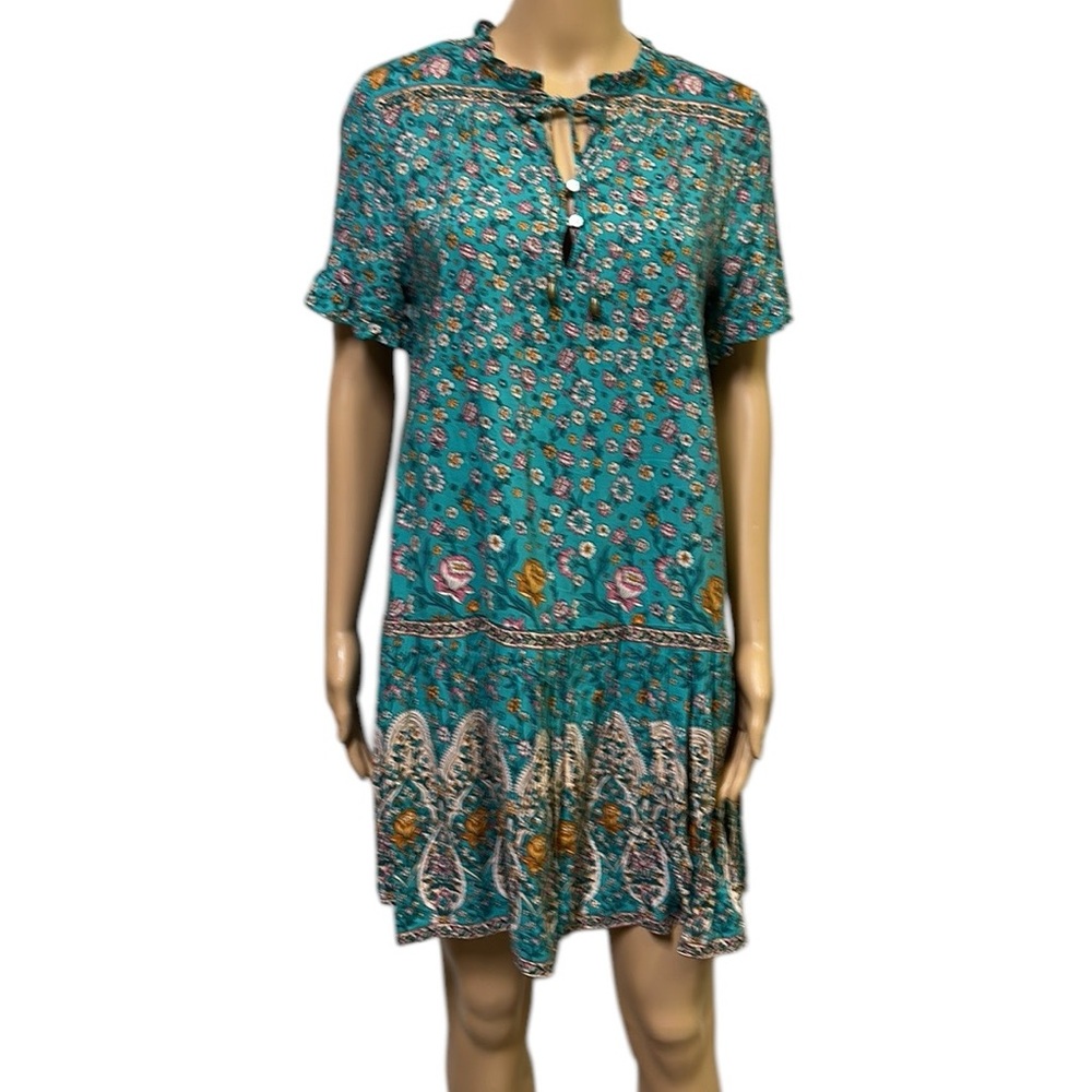 Sunday Up Teal Floral Short Sleeve Half Button Tie Neckline Dress Womens Medium